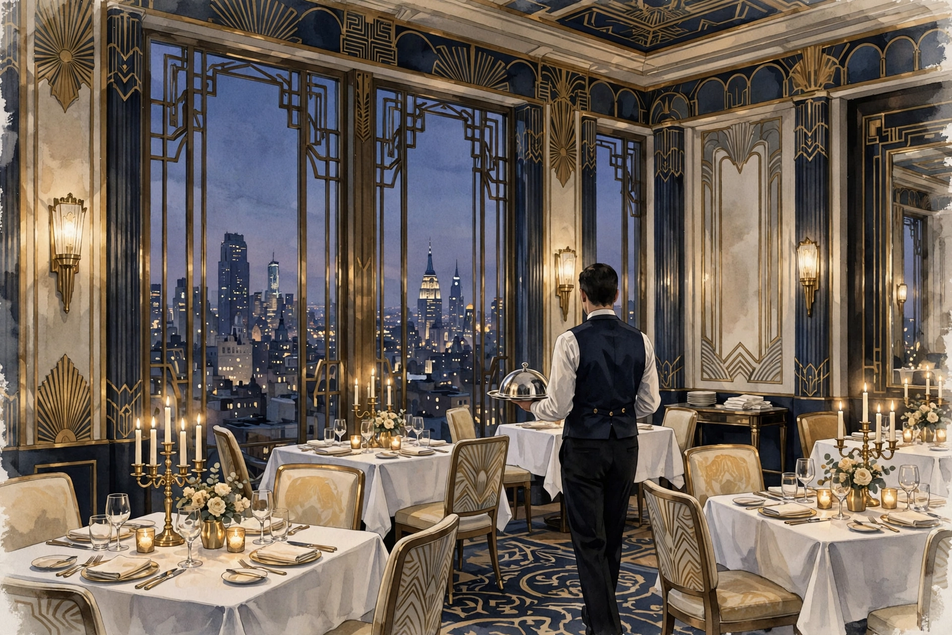 Illustration of an elegant New York hotel dining room at dusk