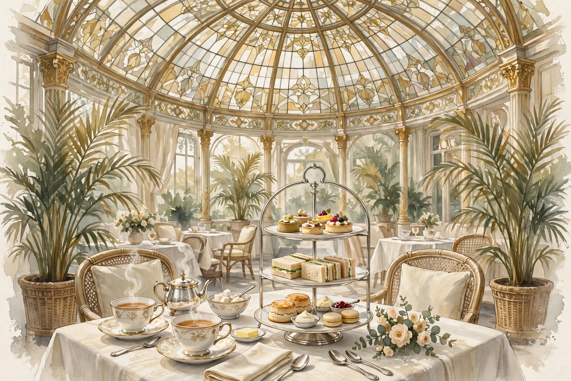 Illustration of afternoon tea under the Palm Court's glass dome